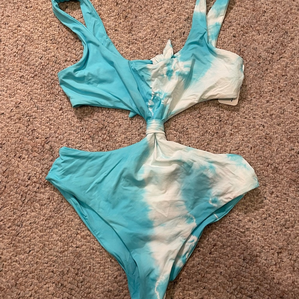 NWT Light Blue and White tie dye cut out one piece swimsuit